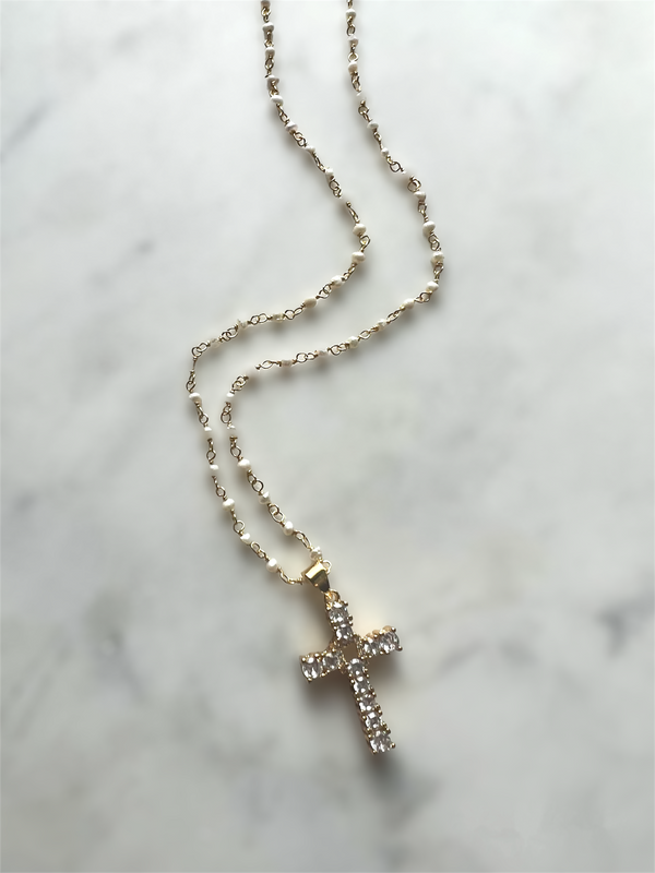 Little Crystal Pearl Cross Necklace