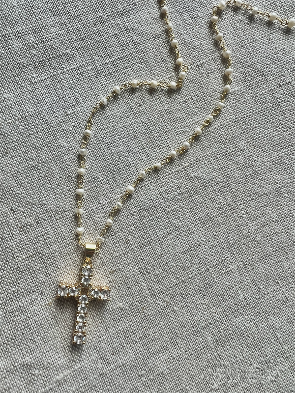 Little Crystal Pearl Cross Necklace